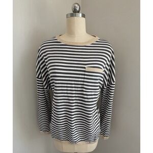 LILLUSORY XL Breton Stripe Cotton Sweater Coastal Quiet Luxury Pocket Pullover